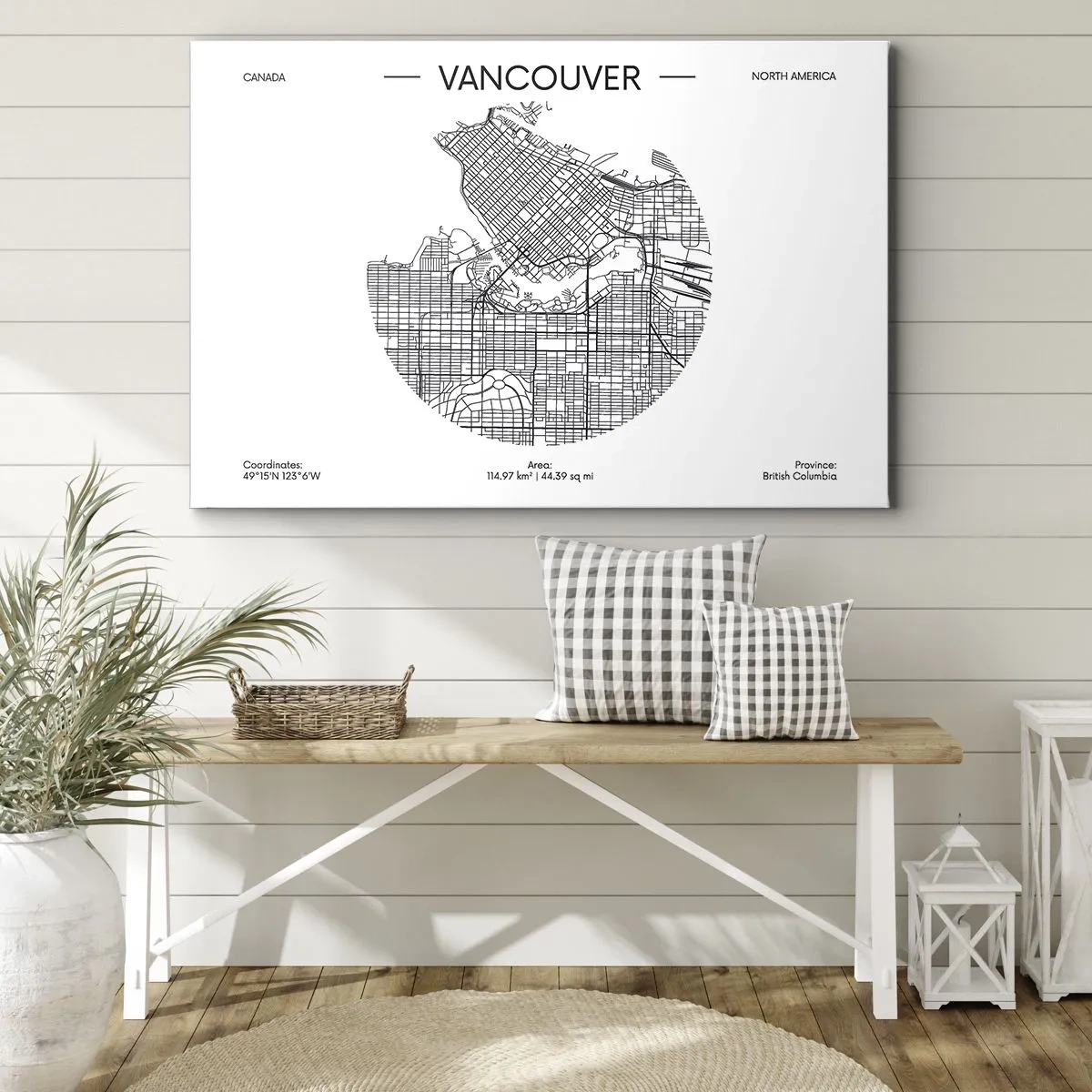 Canvastavla - Bild på duk - En karta över Vancouver i minimalistisk svartvit stil - 70x50cm - Vacouvers anatomi - Modern väggdekoration för vardagsrum och sovrum ARTTOR