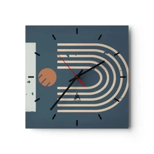 Väggklocka - Klocka på glas - Geometri mot mörkblå bakgrund - 30x30 cm