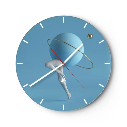 Väggklocka - Klocka på glas - En surrealistisk figur med en planetsfär mot himlen - 30x30cm - Och planeterna blir galna - Modern väggdekoration för vardagsrum, kök och sovrum ARTTOR