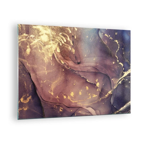 Glastavla - Bild på glas - En abstrakt komposition med lila och guldfärgade fläckar och struktur. - 70x50cm - Materia och ande - Modern väggdekoration för vardagsrum och sovrum ARTTOR