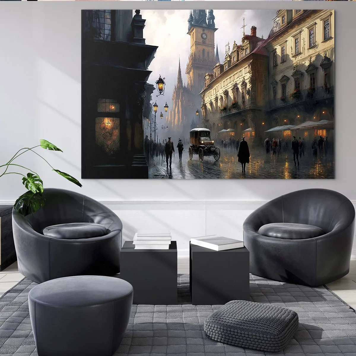 Glastavla - Bild på glas - En historisk gata upplyst av lyktor i skymningen - 70x50cm - Magin under en kväll i Prag - Modern väggdekoration för vardagsrum och sovrum ARTTOR