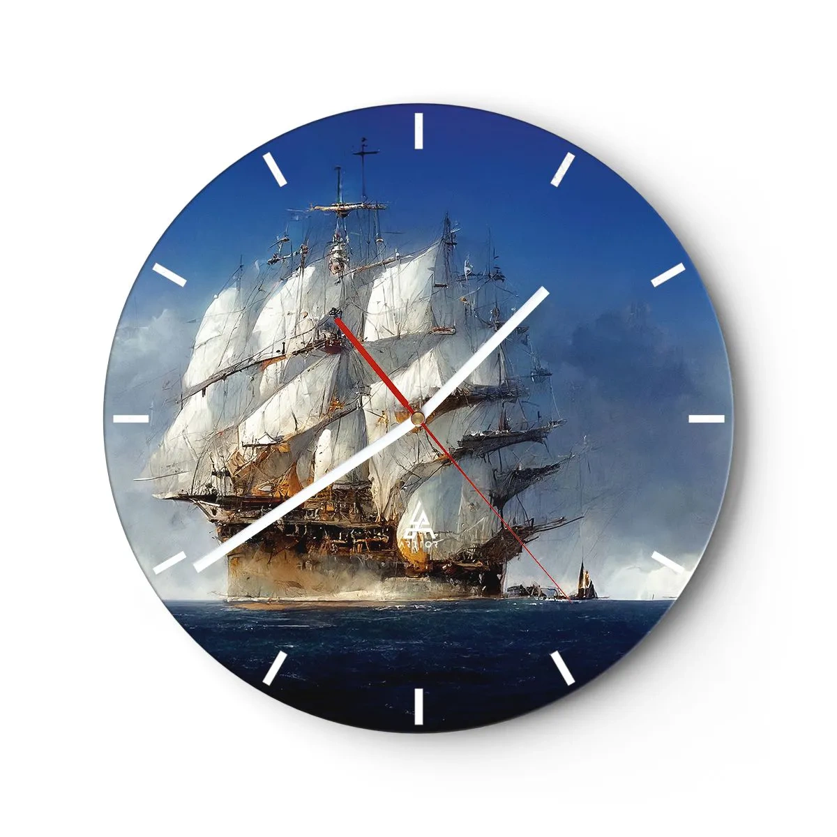 Väggklocka - Klocka på glas - Ett segelskepp med utspända segel, seglar över havet mot vinden. - 30x30cm - The great glory! - Modern väggdekoration för vardagsrum, kök och sovrum ARTTOR