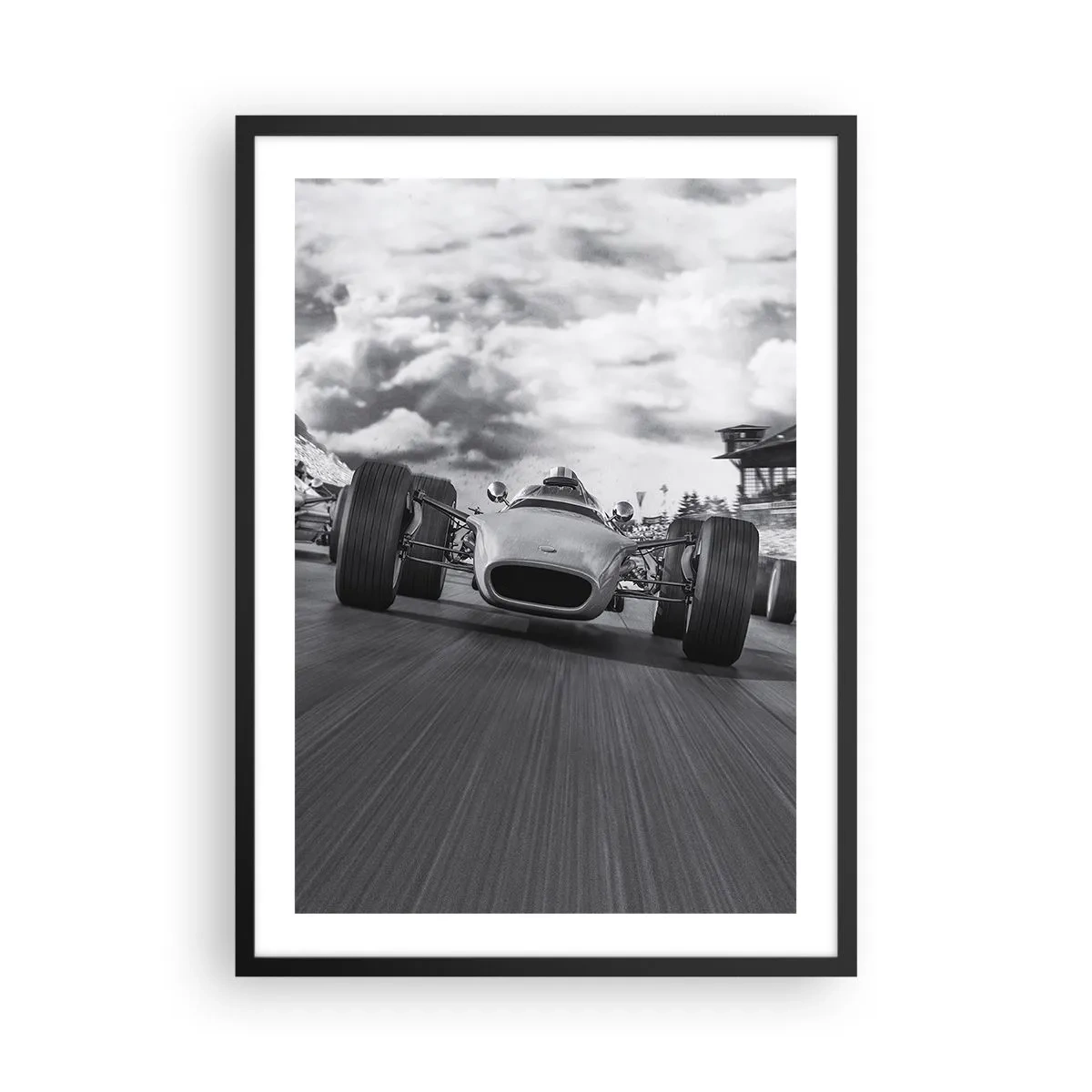 Affisch i svart ram - Retro racerbil på bana i svart och vitt - 50x70cm - Kraften finns! - Modern väggdekoration för vardagsrum och sovrum ARTTOR
