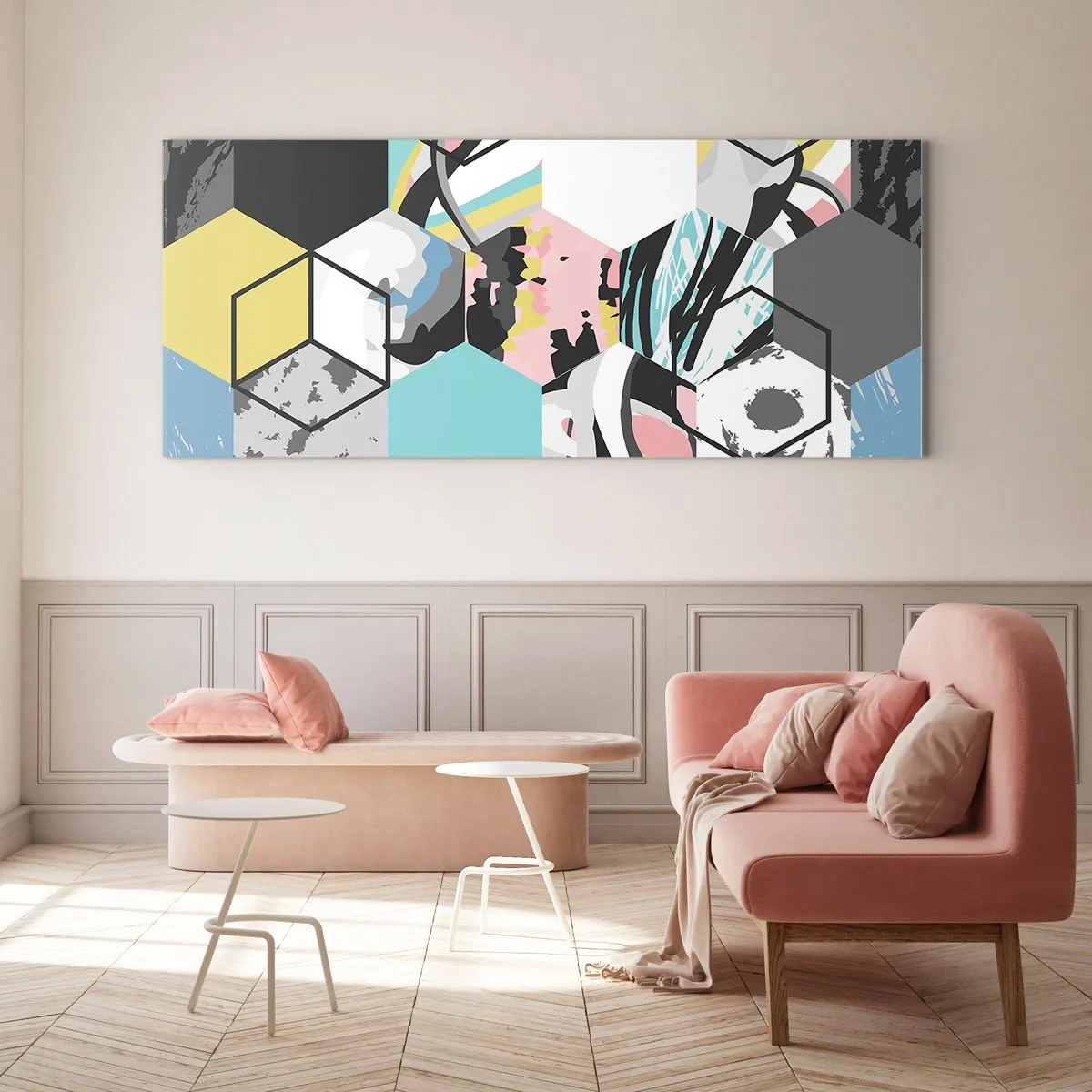 Glastavla - Bild på glas - Sexkanter och kuber i sex färger - 120x50 cm