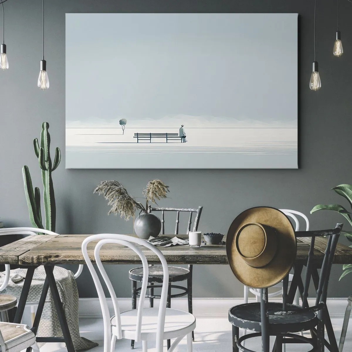 Canvastavla - Bild på duk - En person som sitter på en bänk i ett minimalistiskt landskap - 70x50cm - Ja, jag väntar. - Modern väggdekoration för vardagsrum och sovrum ARTTOR