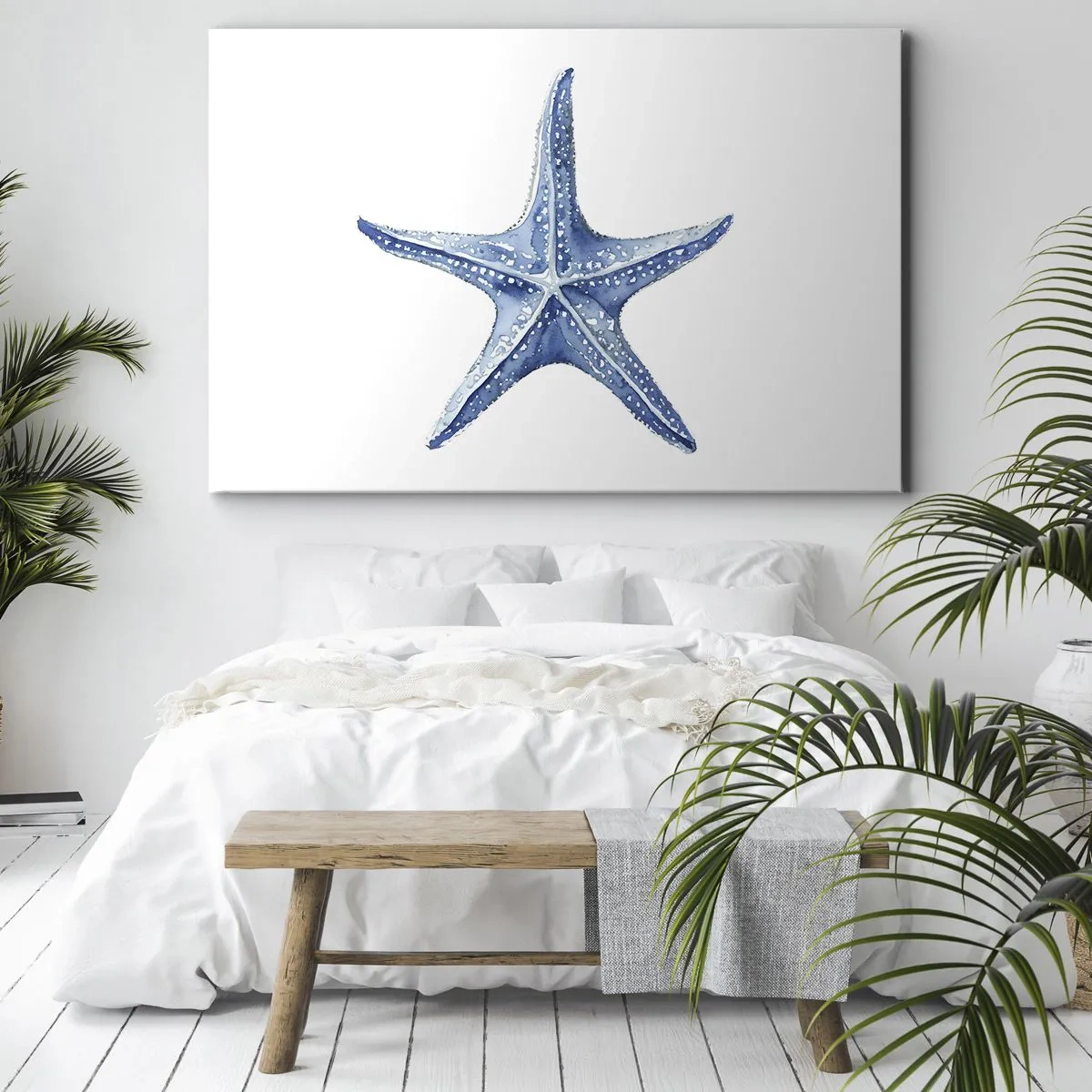 Canvastavla - Bild på duk - Blå sjöstjärna på vit bakgrund i minimalistisk stil - 70x50cm - Havets stjärna - Modern väggdekoration för vardagsrum och sovrum ARTTOR