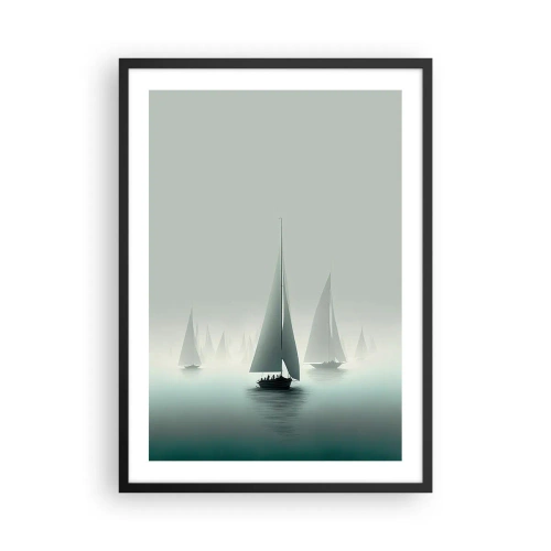 Affisch i svart ram - En grupp segelbåtar seglar på ett dimmigt hav, omgivna av lugnt vatten. - 50x70cm - Byggd av dimma - Modern väggdekoration för vardagsrum och sovrum ARTTOR