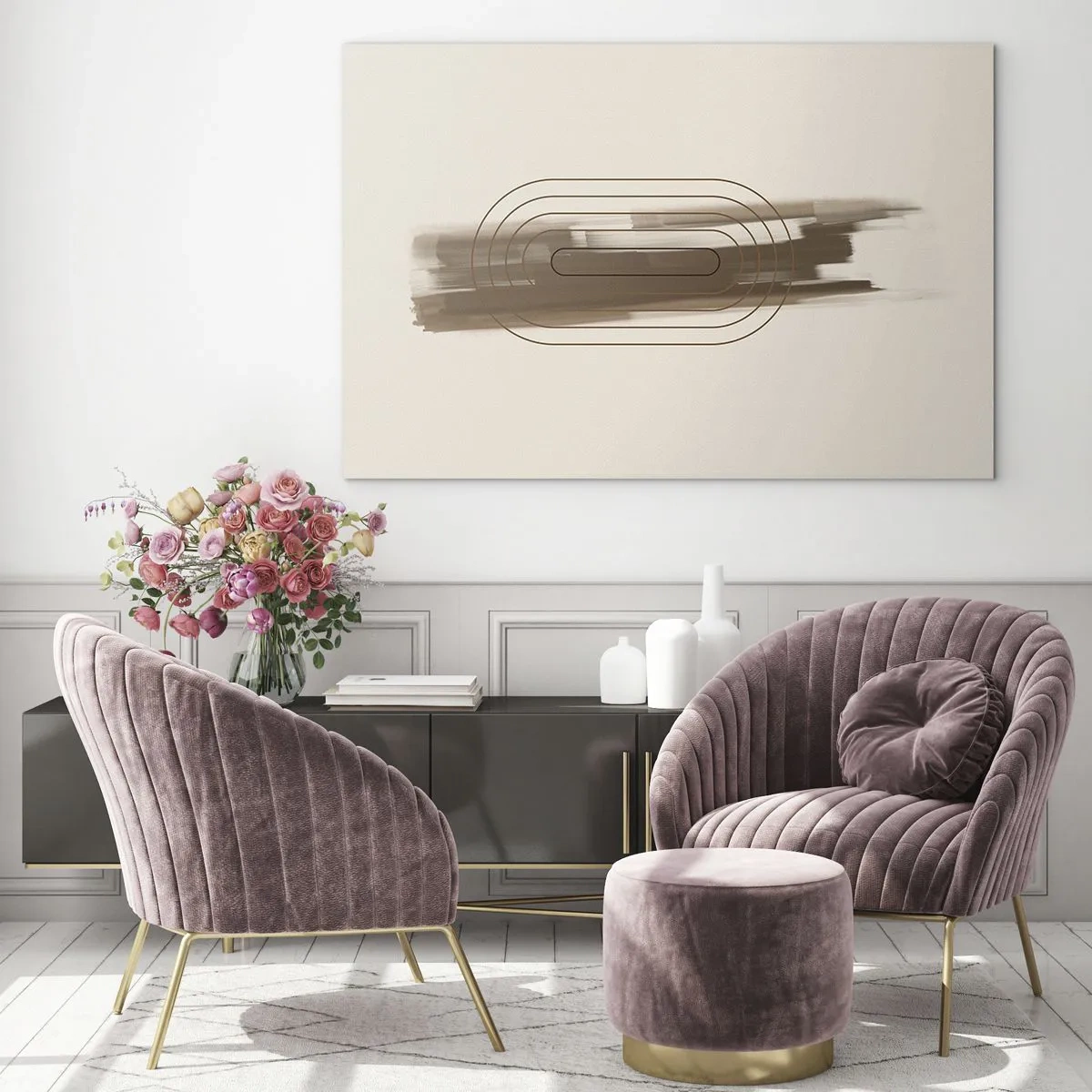 Glastavla - Bild på glas - Abstraktion i bruna nyanser med ett minimalistiskt mönster - 70x50cm - Grå blåst - Modern väggdekoration för vardagsrum och sovrum ARTTOR