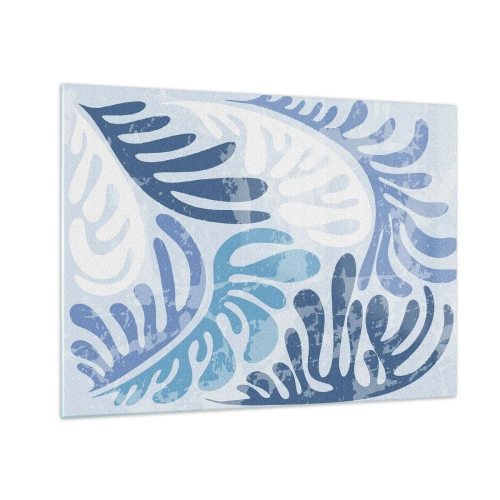 Glastavla - Bild på glas - Dekorativa ormbunkeblad i nyanser av blått mot en ljus bakgrund - 70x50cm - Blåa ormbunkar - Modern väggdekoration för vardagsrum och sovrum ARTTOR