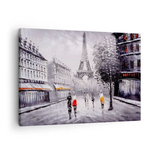 Canvastavla - Bild på duk - En vy över Eiffeltornet i en monokromatisk miljö med färgaccenter - 70x50cm - Promenad i Paris - Modern väggdekoration för vardagsrum och sovrum ARTTOR