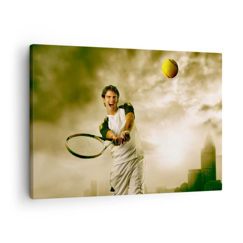 Canvastavla - Bild på duk - Tennisspelare i aktion under en match mot bakgrund av ett urbant landskap - 70x50cm - Energi och glädje - Modern väggdekoration för vardagsrum och sovrum ARTTOR
