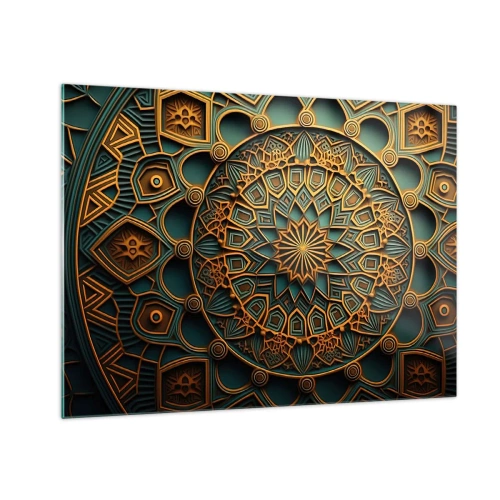 Glastavla - Bild på glas - Guld- och turkosprydnad i stil med en arabisk mosaik - 70x50cm - I ett arabiskt klimat - Modern väggdekoration för vardagsrum och sovrum ARTTOR