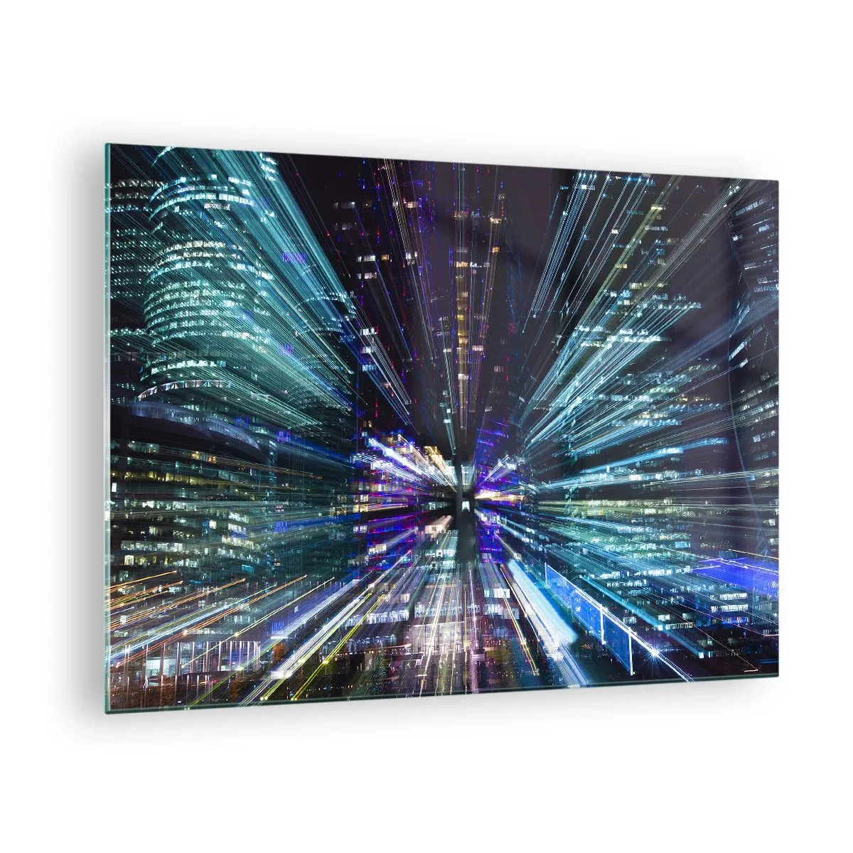 Glastavla - Bild på glas - Dynamiska ljuslinjer mot bakgrund av en nattstad - 70x50cm - Övergång till hyperrymden - Modern väggdekoration för vardagsrum och sovrum ARTTOR
