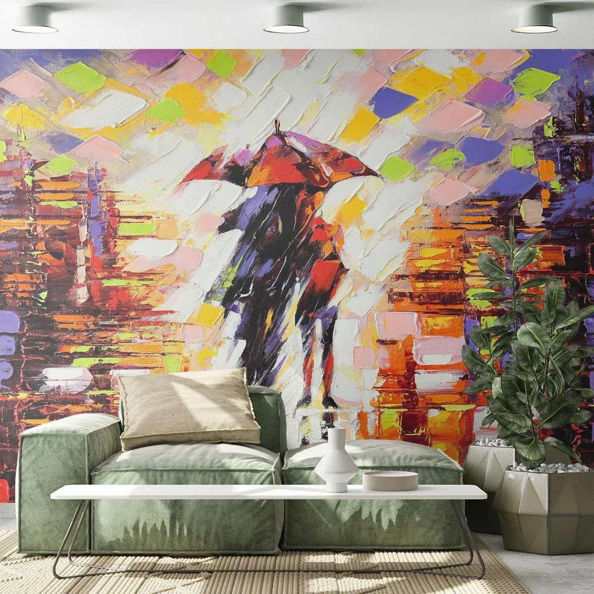 Självhäftande Fototapet Deluxe Sticker - Tillsammans genom natten och regnet - Abstraktion, Förälskade par, Gå i regnet - 250x175 cm