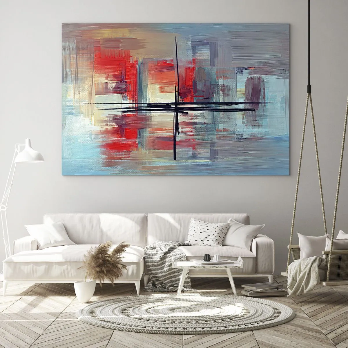 Glastavla - Bild på glas - En färgglad abstraktion med rött och blått, inspirerad av ett landskap. - 70x50cm - Landskap i en okänd dimension - Modern väggdekoration för vardagsrum och sovrum ARTTOR