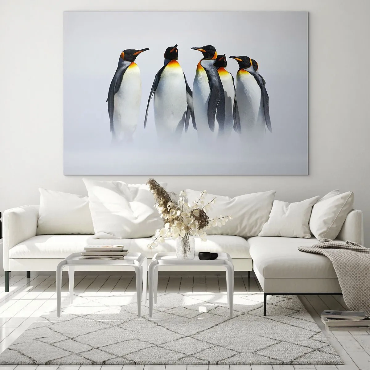 Glastavla - Bild på glas - En grupp pingviner i ett vinterlandskap - 70x50cm - En träff i kvällsdräkter - Modern väggdekoration för vardagsrum och sovrum ARTTOR