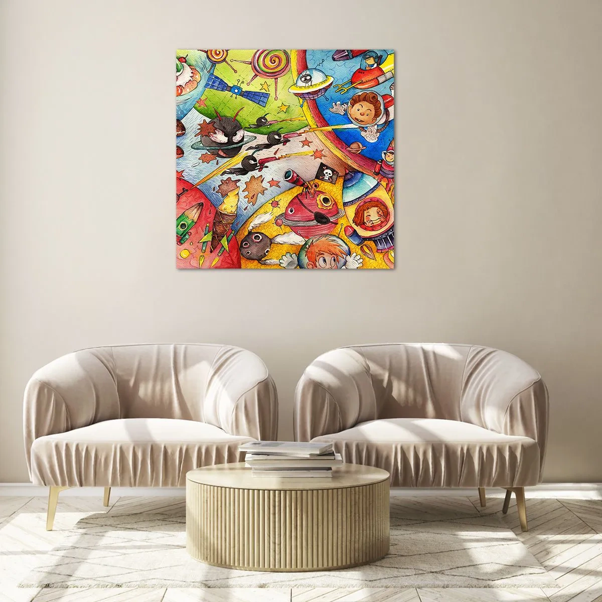 Glastavla - Bild på glas - Stora rymdäventyret - 70x70 cm