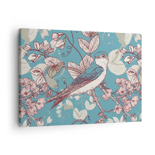 Canvastavla - Bild på duk - En fågel på en gren i en delikat blommig stil - 70x50cm - Japansk svala - Modern väggdekoration för vardagsrum och sovrum ARTTOR