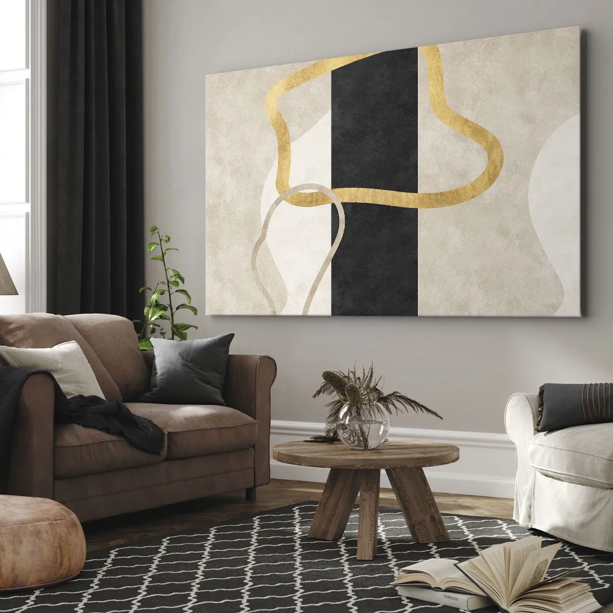 Canvastavla - Bild på duk - En minimalistisk design med slingformade former i guld och svart. - 70x50cm - Slingrande former - Modern väggdekoration för vardagsrum och sovrum ARTTOR