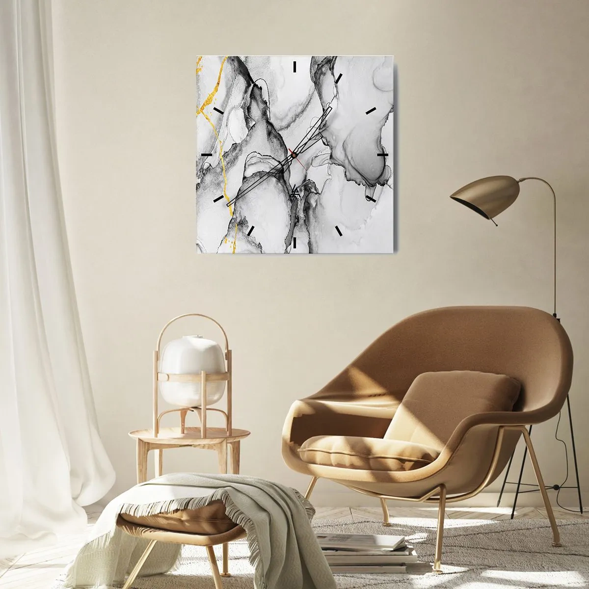 Väggklocka - Klocka på glas - Komposition med guldmotiv - 40x40 cm