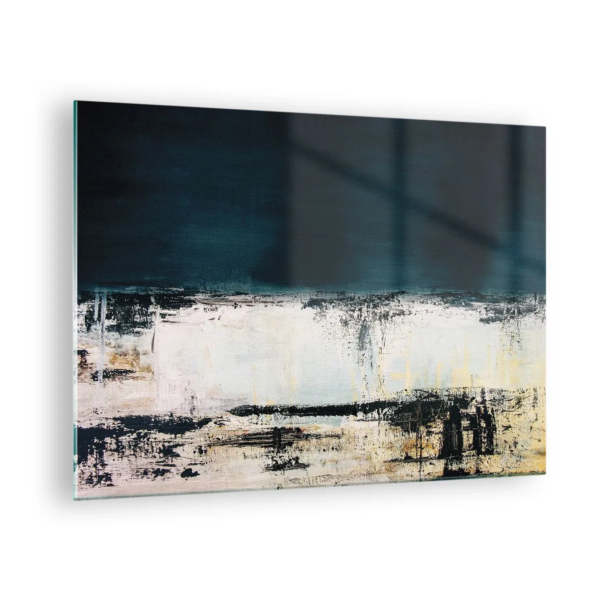 Glastavla - Bild på glas - Abstrakt landskap i nyanser av marinblått och vitt - 70x50cm - Horisontell komposition - Modern väggdekoration för vardagsrum och sovrum ARTTOR