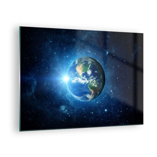 Glastavla - Bild på glas - Jorden sedd från rymden med ljusstrålar - 70x50cm - Vi är i himlen - Modern väggdekoration för vardagsrum och sovrum ARTTOR