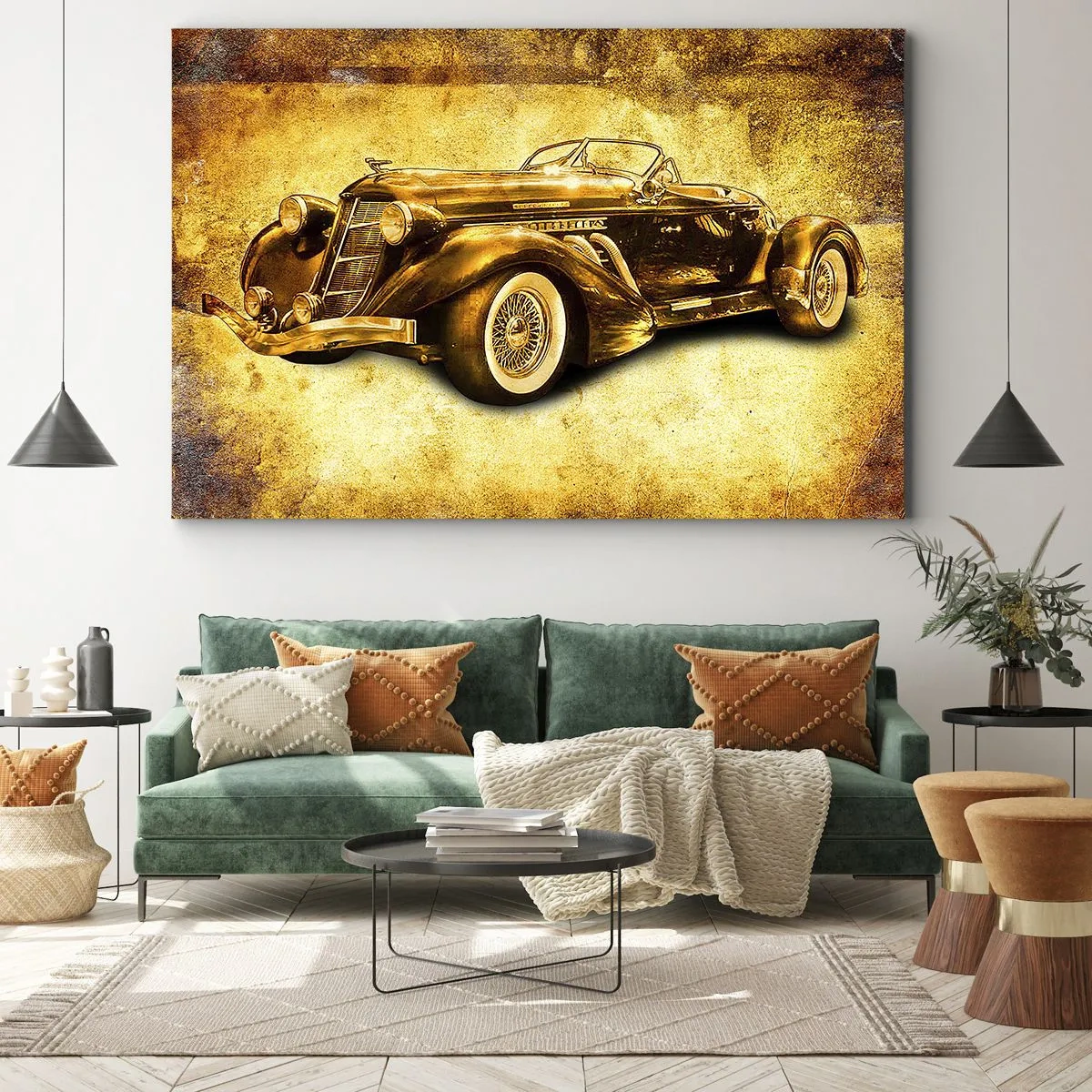 Canvastavla - Bild på duk - En klassisk guldfärgad retro cabriolet mot en vintagebakgrund i varma färger. - 70x50cm - Elitens elit - Modern väggdekoration för vardagsrum och sovrum ARTTOR