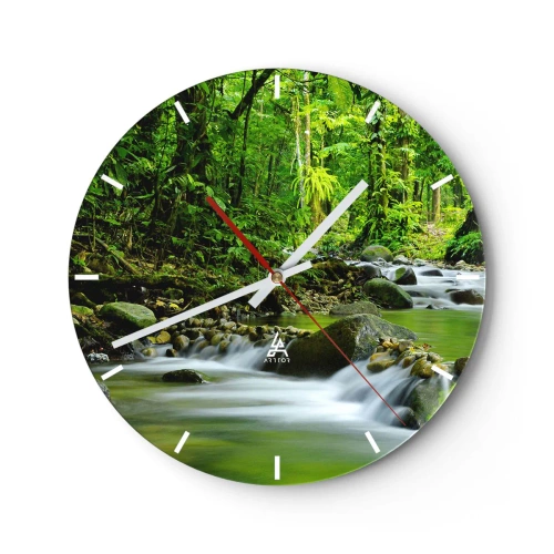 Väggklocka - Klocka på glas - En bäck i en tropisk regnskog - 30x30cm - Simma i grönskans hav - Modern väggdekoration för vardagsrum, kök och sovrum ARTTOR