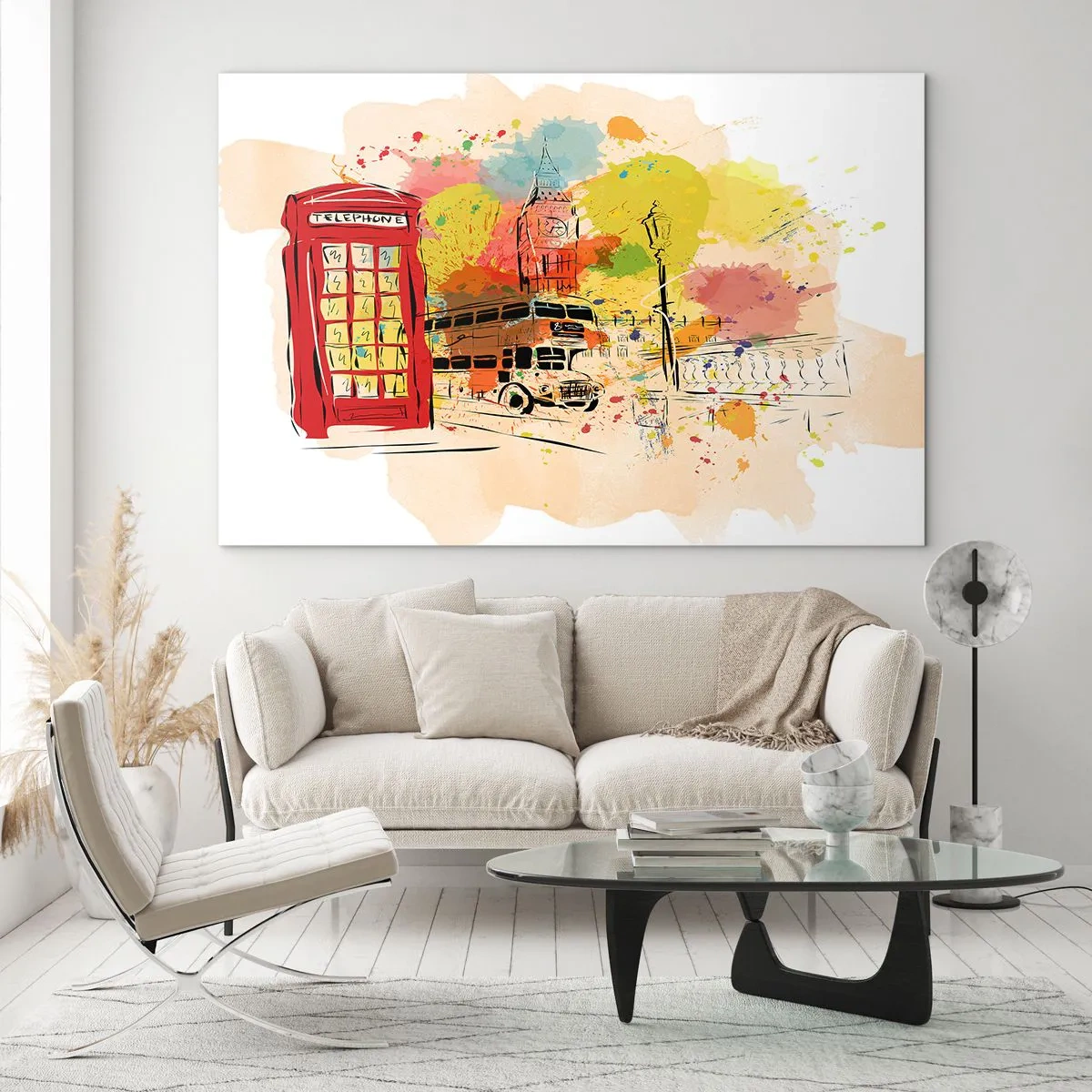 Glastavla - Bild på glas - En röd telefonkiosk, en dubbeldäckare och Big Ben - 70x50cm - Mångfaldens stad - Modern väggdekoration för vardagsrum och sovrum ARTTOR