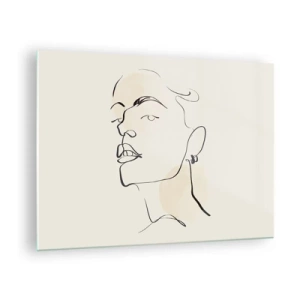 Glastavla - Bild på glas - Porträtt av en kvinna i minimalistiska linjer mot en ljus bakgrund - 70x50cm - Stolt blick - Modern väggdekoration för vardagsrum och sovrum ARTTOR