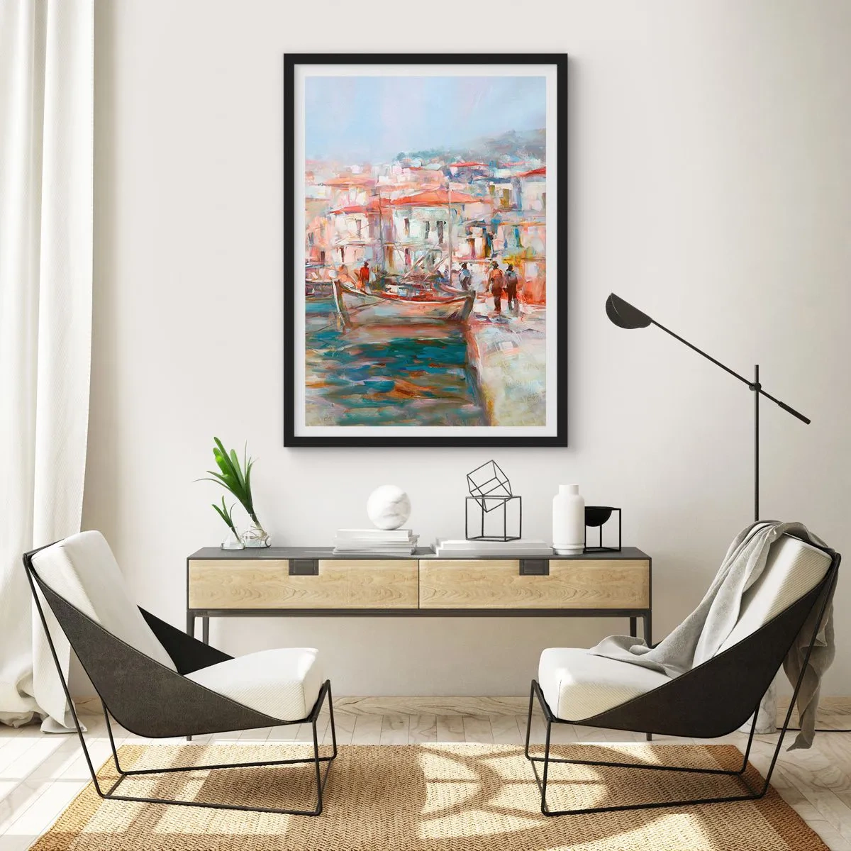 Affisch i svart ram - En pittoresk hamn i pastellfärger - 50x70cm - Pastellfärgad semester - Modern väggdekoration för vardagsrum och sovrum ARTTOR