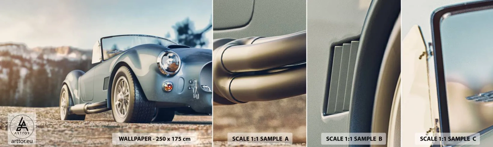 Provbit av självhäftande fototapet Deluxe Sticker - Det är stilen som räknas - Bil, Cabriolet, Resa - 100x30 cm