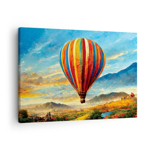 Canvastavla - Bild på duk - En färgglad ballong över ett pittoreskt landskap - 70x50cm - I tystnad ser man mer - Modern väggdekoration för vardagsrum och sovrum ARTTOR