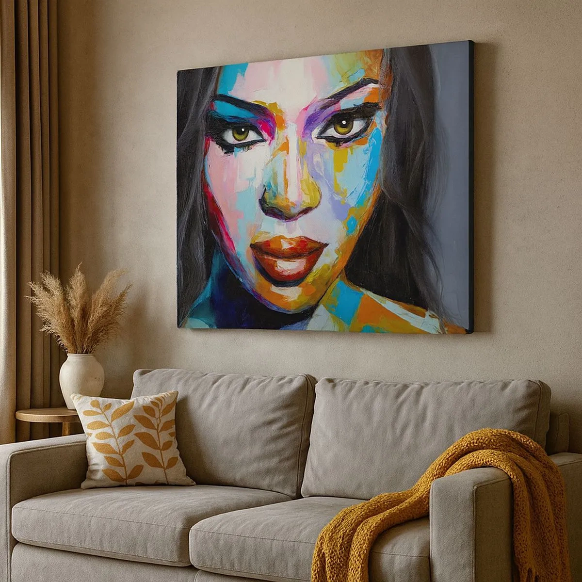 Canvastavla - Bild på duk - Ett färgstarkt porträtt av en kvinna med intensiv blick - 70x50cm - Kan inte ta ögonen från henne - Modern väggdekoration för vardagsrum och sovrum ARTTOR