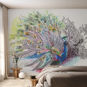 Fototapet Premium Canvas - Med stolthet mot det gråa  - Fågel, Påfågel, Fjädrar - 300x210 cm
