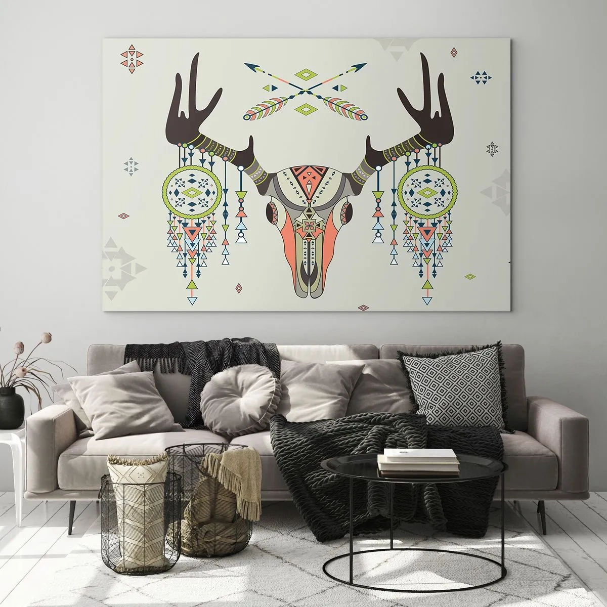 Glastavla - Bild på glas - Symboliska horn och indianmönster på en ljus bakgrund - 70x50cm - Indianjägares trofé - Modern väggdekoration för vardagsrum och sovrum ARTTOR
