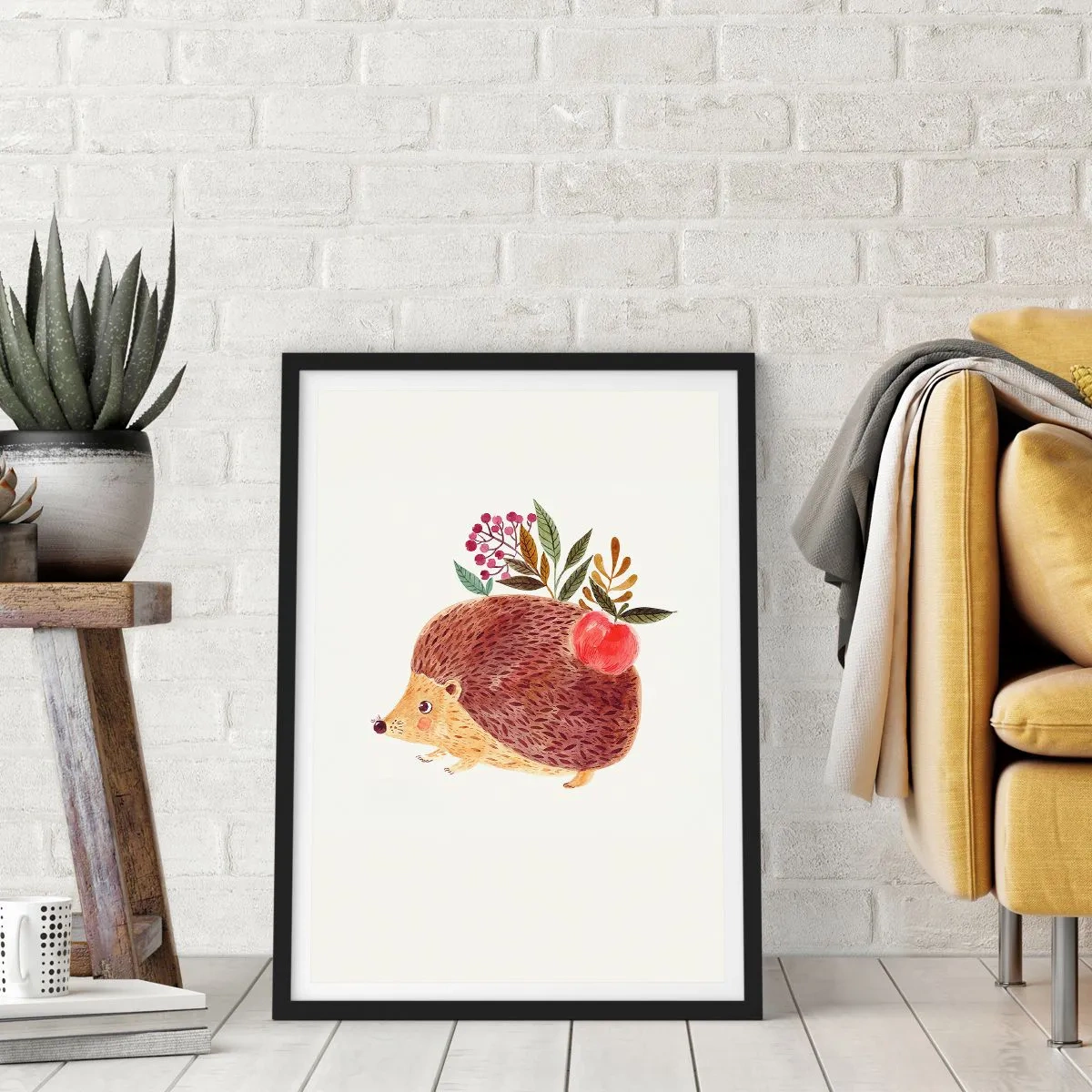 Affisch i svart ram - En söt igelkott med ett äpple och kvistar på en ljus bakgrund - 50x70cm - Och du gillar mig redan - Modern väggdekoration för vardagsrum och sovrum ARTTOR