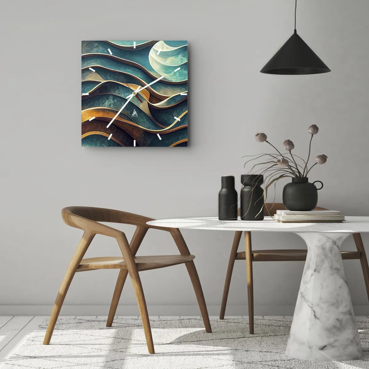 Väggklocka - Klocka på glas - Meandrar av blått - 40x40 cm