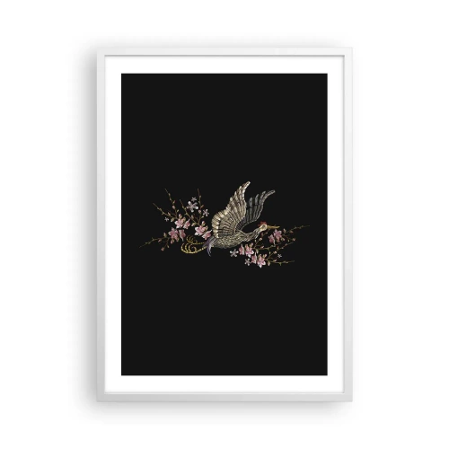 Affisch i vit ram - Exotisk, broderad fågel - 50x70 cm