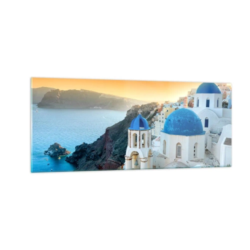 Glastavla - Bild på glas - Santorini - inbäddat i berg - 100x40 cm