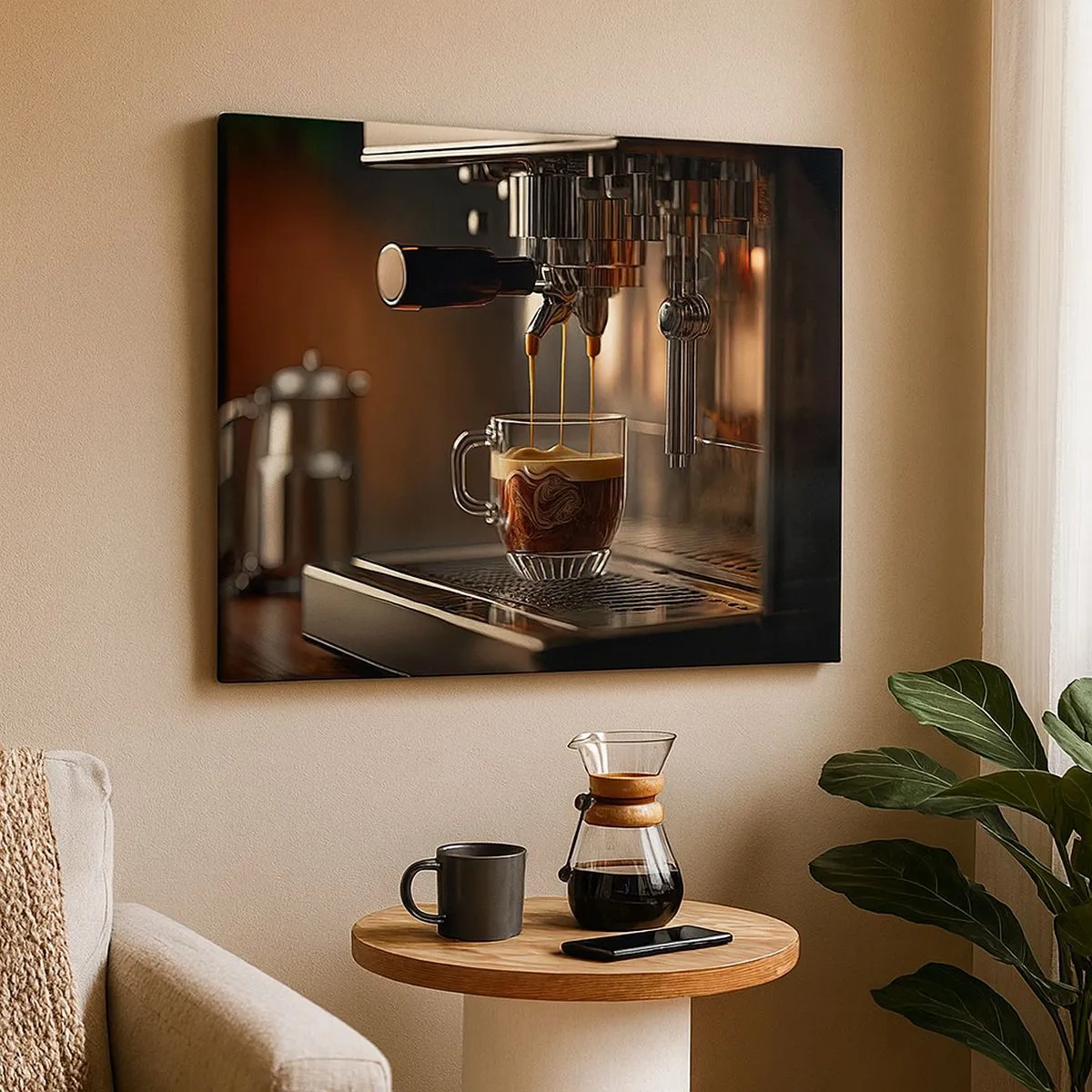 Canvastavla - Bild på duk - Kaffemaskin med en kopp aromatisk espresso - 70x50cm - En sensuell blandning - Modern väggdekoration för vardagsrum och sovrum ARTTOR