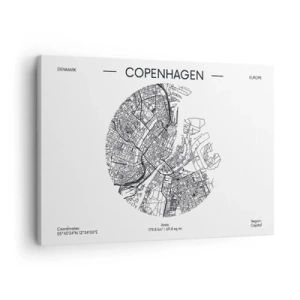Canvastavla - Bild på duk - En karta över Köpenhamn i minimalistisk svartvit stil. - 70x50cm - Köpenhamns anatomi - Modern väggdekoration för vardagsrum och sovrum ARTTOR