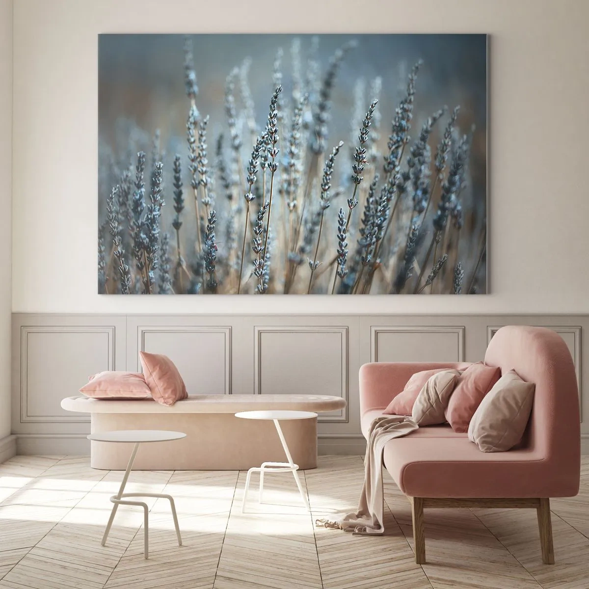 Glastavla - Bild på glas - Ett lavendelfält i mjukt, svalt ljus - 70x50cm - Doftande åkermark - Modern väggdekoration för vardagsrum och sovrum ARTTOR