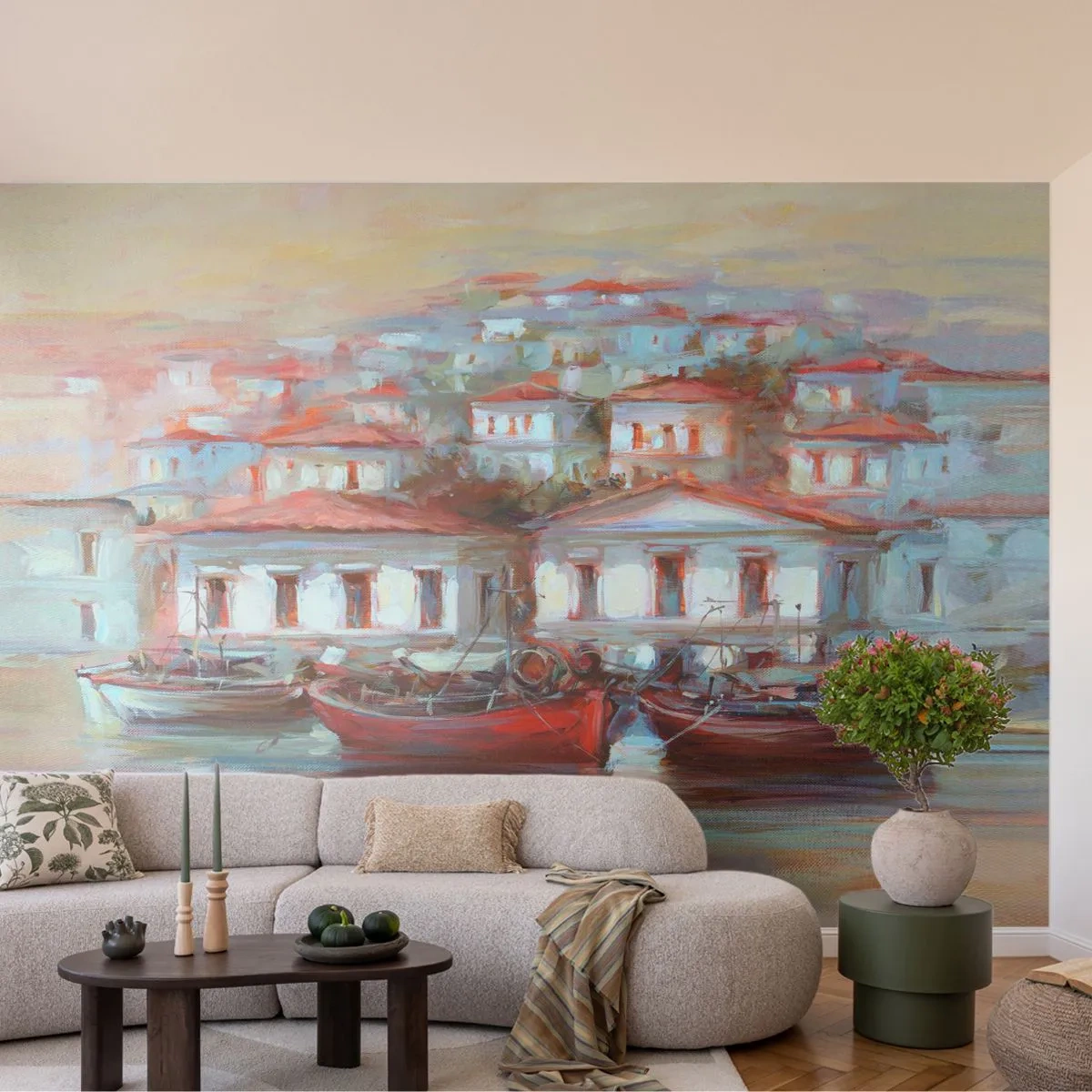 Självhäftande Fototapet Deluxe Sticker - Lycklig stad - Arkitektur, Segelbåt, hamn - 250x175 cm