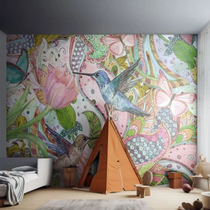 Fototapet Premium Canvas - Inbäddade i klätterväxter - Blommor, Fågel, Fjäril - 300x210 cm