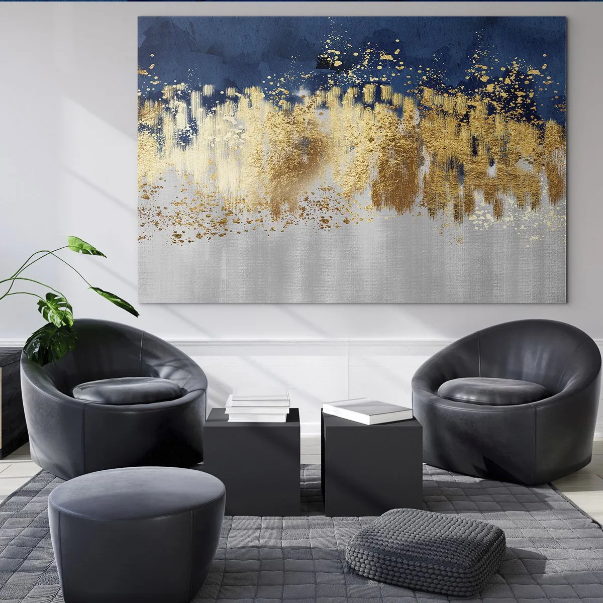 Glastavla - Bild på glas - Gulddetaljer på marinblå och silverfärgad bakgrund - 70x50cm - Modern komposition med blixt - Modern väggdekoration för vardagsrum och sovrum ARTTOR