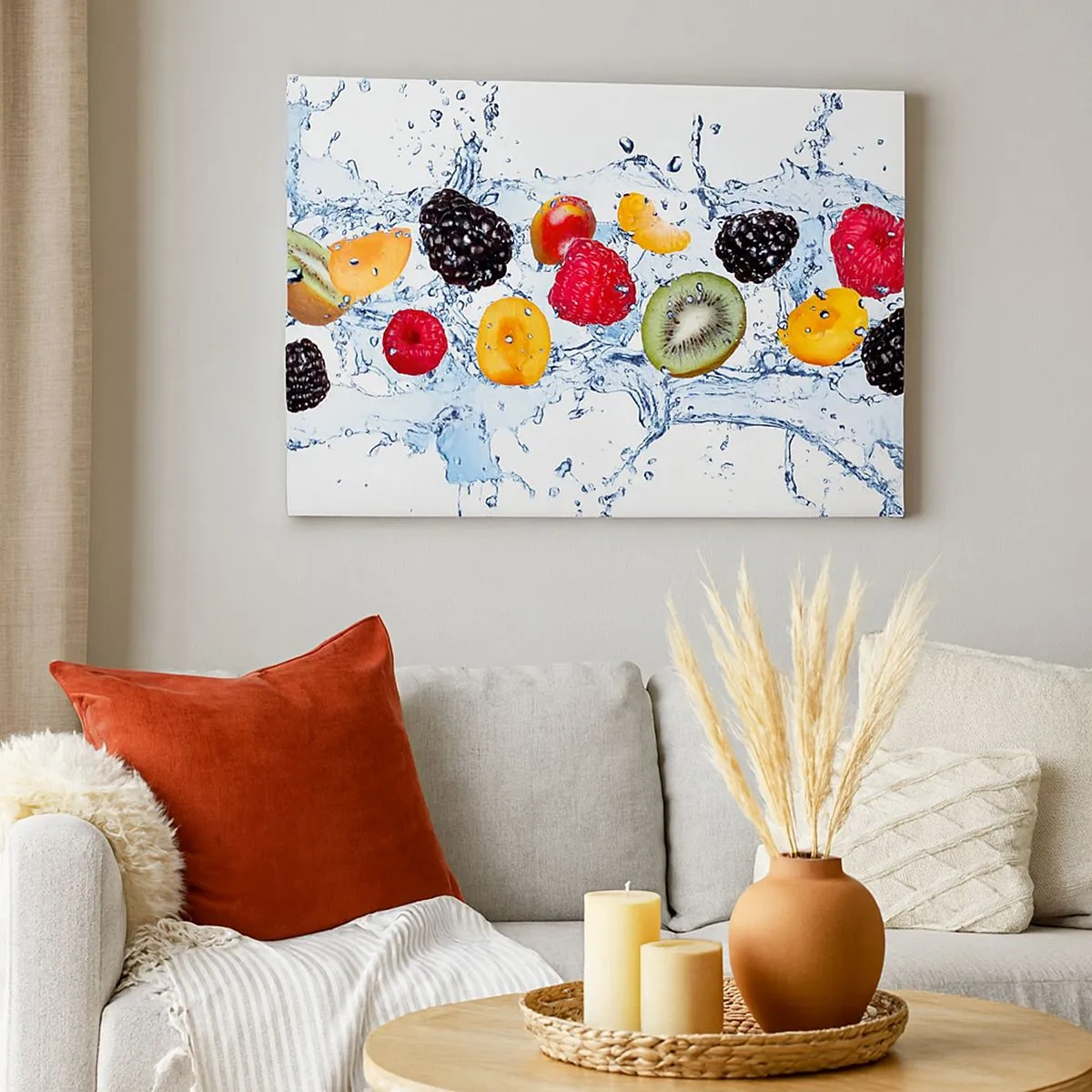 Canvastavla - Bild på duk - Färgglada frukter nedsänkta i vattenstänk på en vit bakgrund - 70x50cm - Lek med oss - Modern väggdekoration för vardagsrum och sovrum ARTTOR