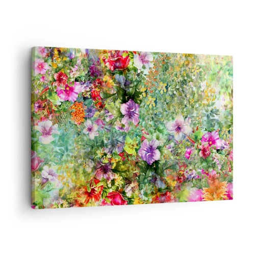 Canvastavla - Bild på duk - Ett färgglatt blomsterarrangemang på en grön bakgrund - 70x50cm - Ta en dopp i blommorna - Modern väggdekoration för vardagsrum och sovrum ARTTOR