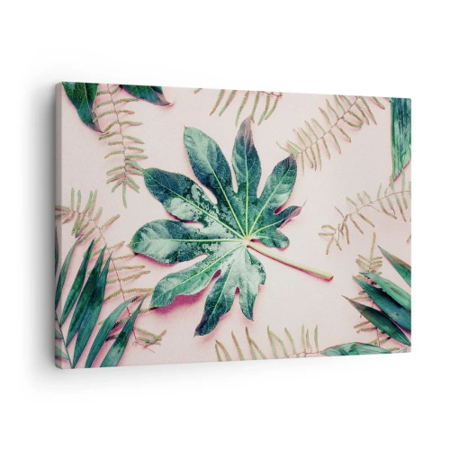 Canvastavla - Bild på duk - Tropiska löv på en ljus pastellbakgrund - 70x50cm - Grönskans studie mot rosa bakgrund - Modern väggdekoration för vardagsrum och sovrum ARTTOR