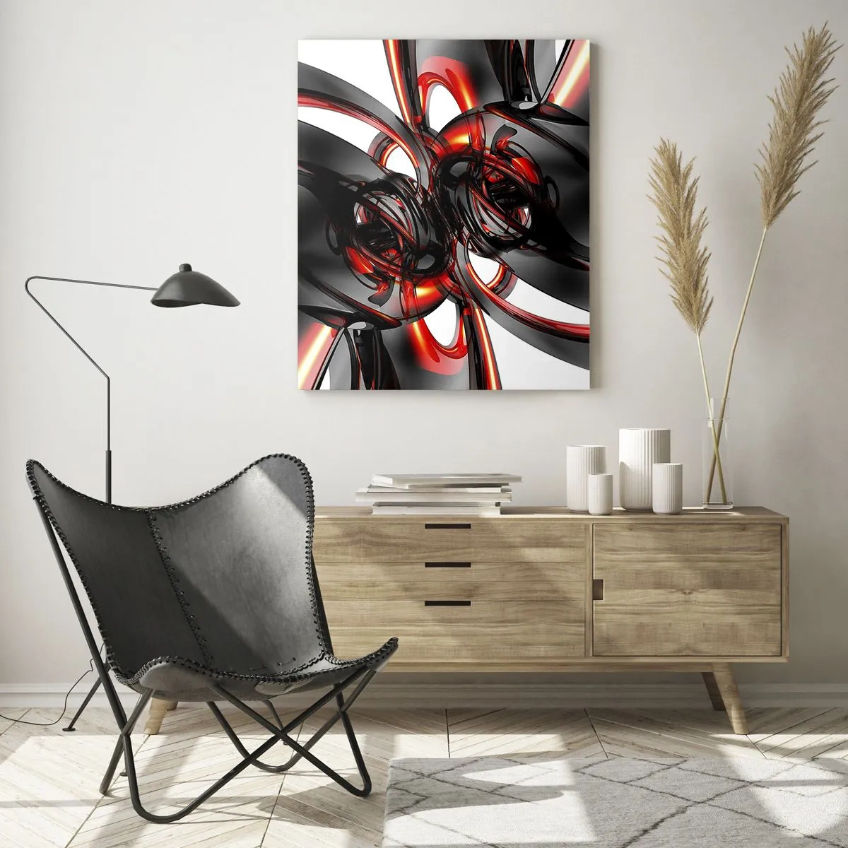 Glastavla - Bild på glas - Rörelse i grafit och röd - 50x70 cm